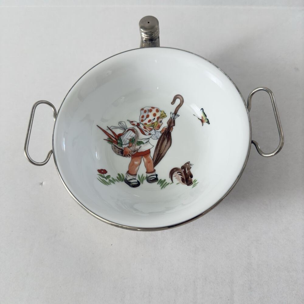 Vintage Germany Childs Baby Porcelain Warmer Warming Dish Bowl Girl Basket